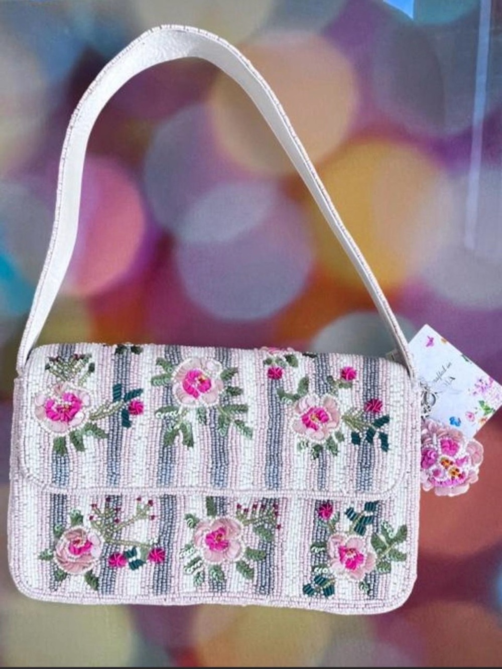 🌺NWT Handcrafted in India Beaded Pink Flowers  & Stripes Shoulder Bag.